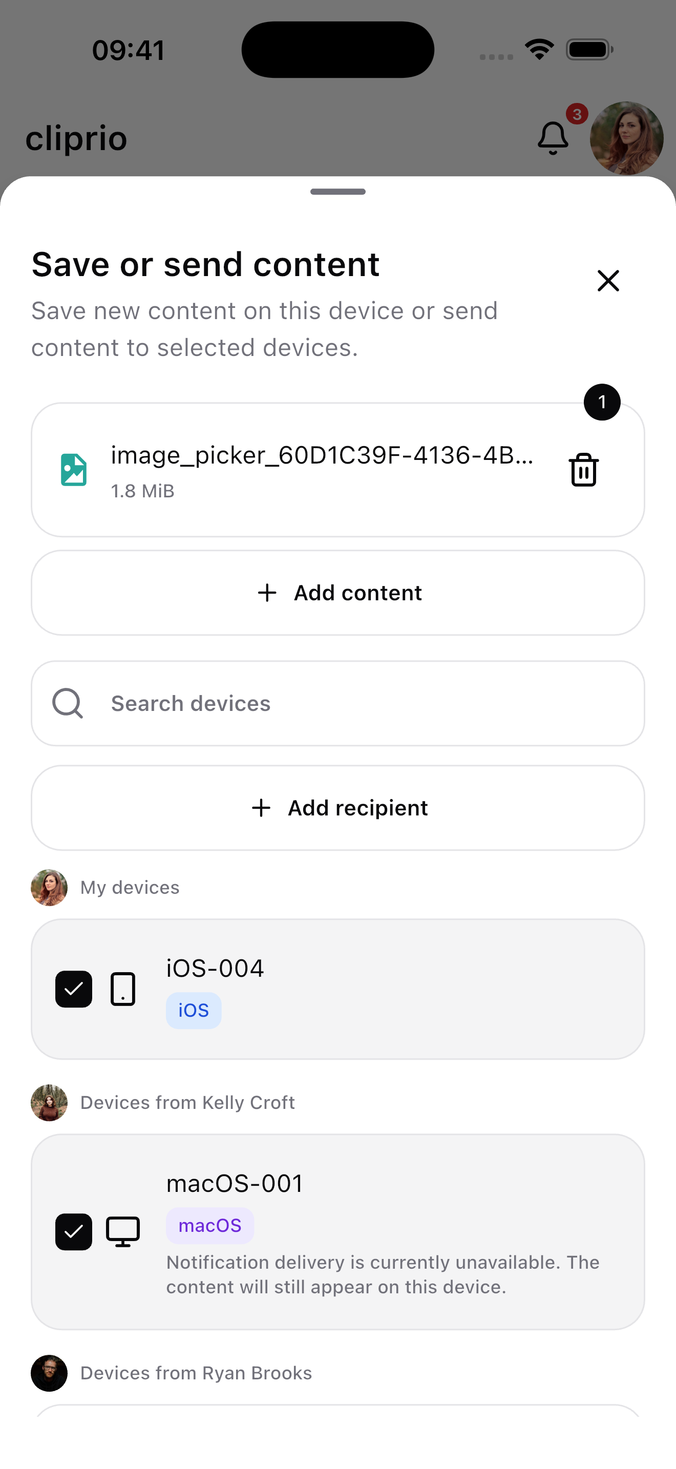 Select: Choose one or more of your devices, a connected device, or enter a temporary receive code.